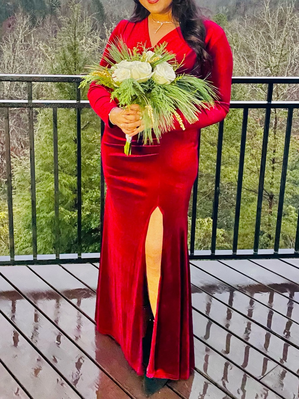 Red Velvet Long-Sleeve Maxi Dress with Front Slit